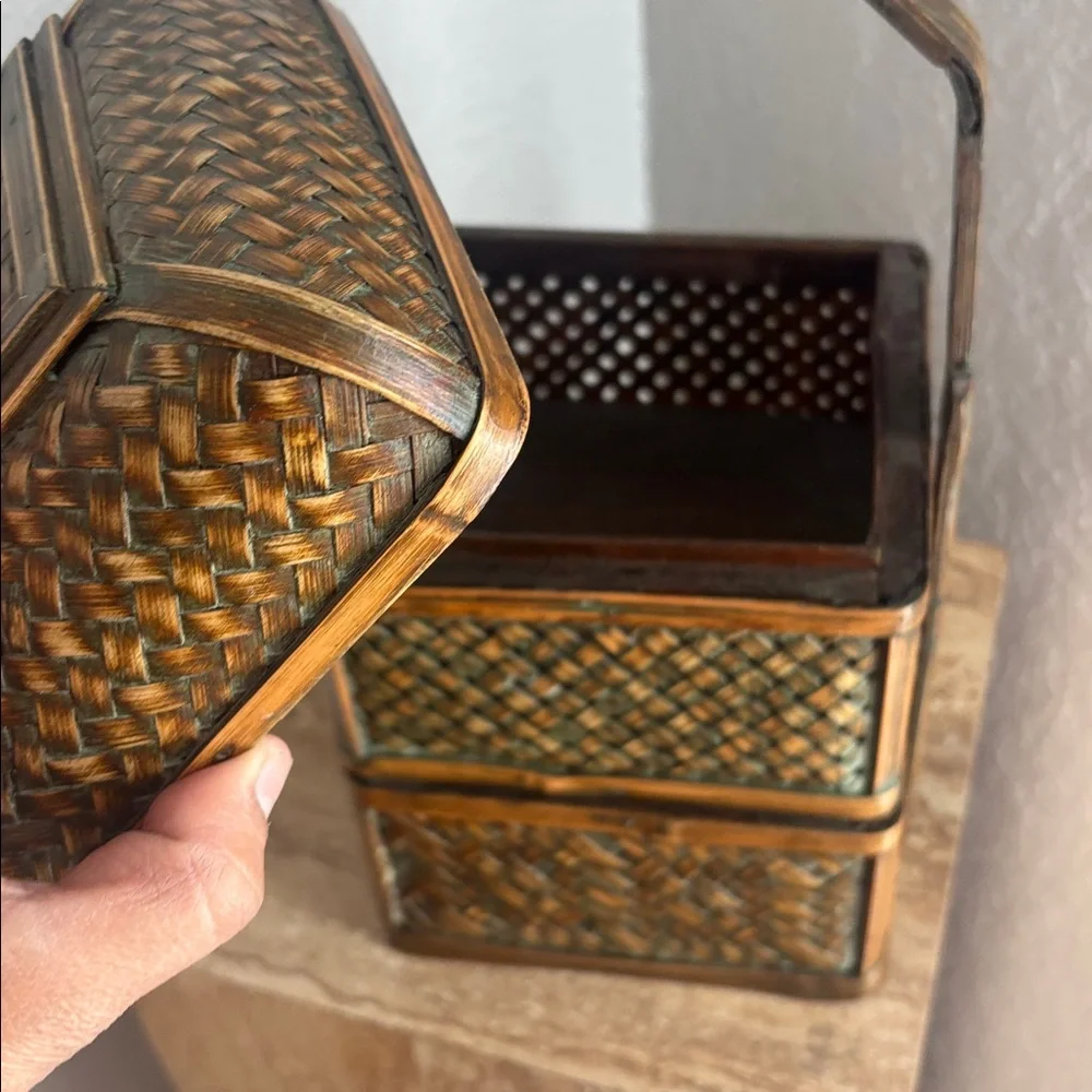 Vintage Chinese Wedding Woven Basket with Handle 2 tiers